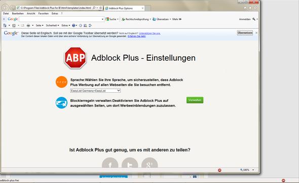 ABP Menü geöffnet über Symbol unten rechts - (Internet, Werbung, Explorer)