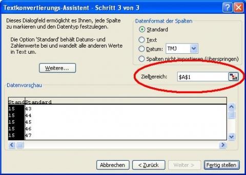 Screenshot Eingabe Zielbereich - (Excel, Zahlenreiehen)