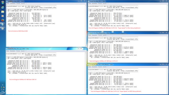 Tests mit Crystal Disk Mark - (in DesktopPC schlecht, SSD zu schlecht, in Laptop gut)