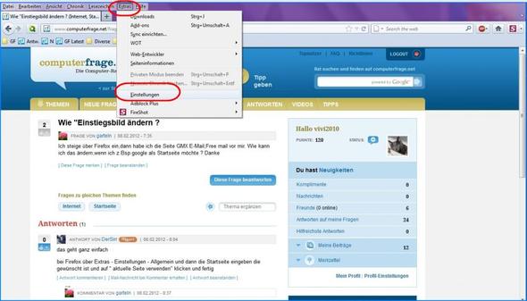 1. Extras 2. Einstellungen - (Internet, Startseite)