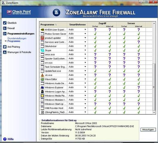 Zonealarm, Grundeinst. 2 - (sicherheit, Firewall, konfigurieren)