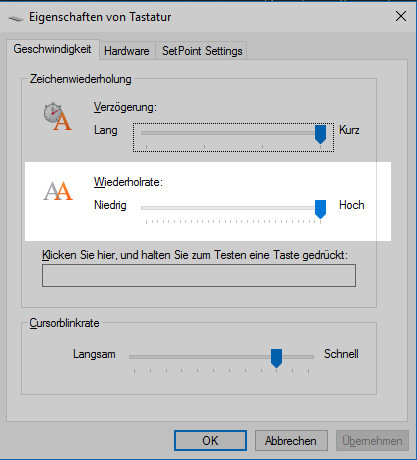 Kann Man Die Tastatur Wiederholrate In Windows Uber Maximum Erhohen Windows 10 Einstellungen Text