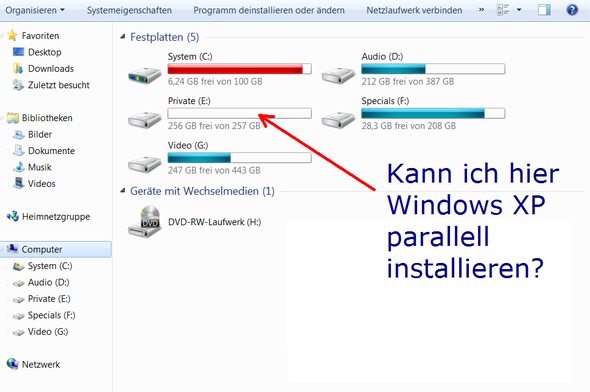 meine Partitionen - (Win7 XP, parallell)