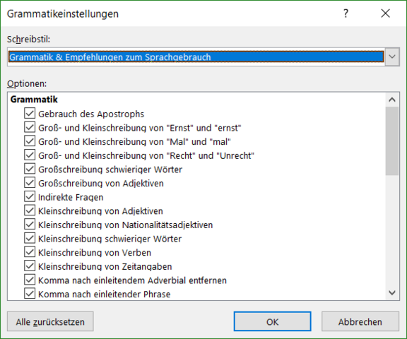 - (word, automatisch, Optionen)